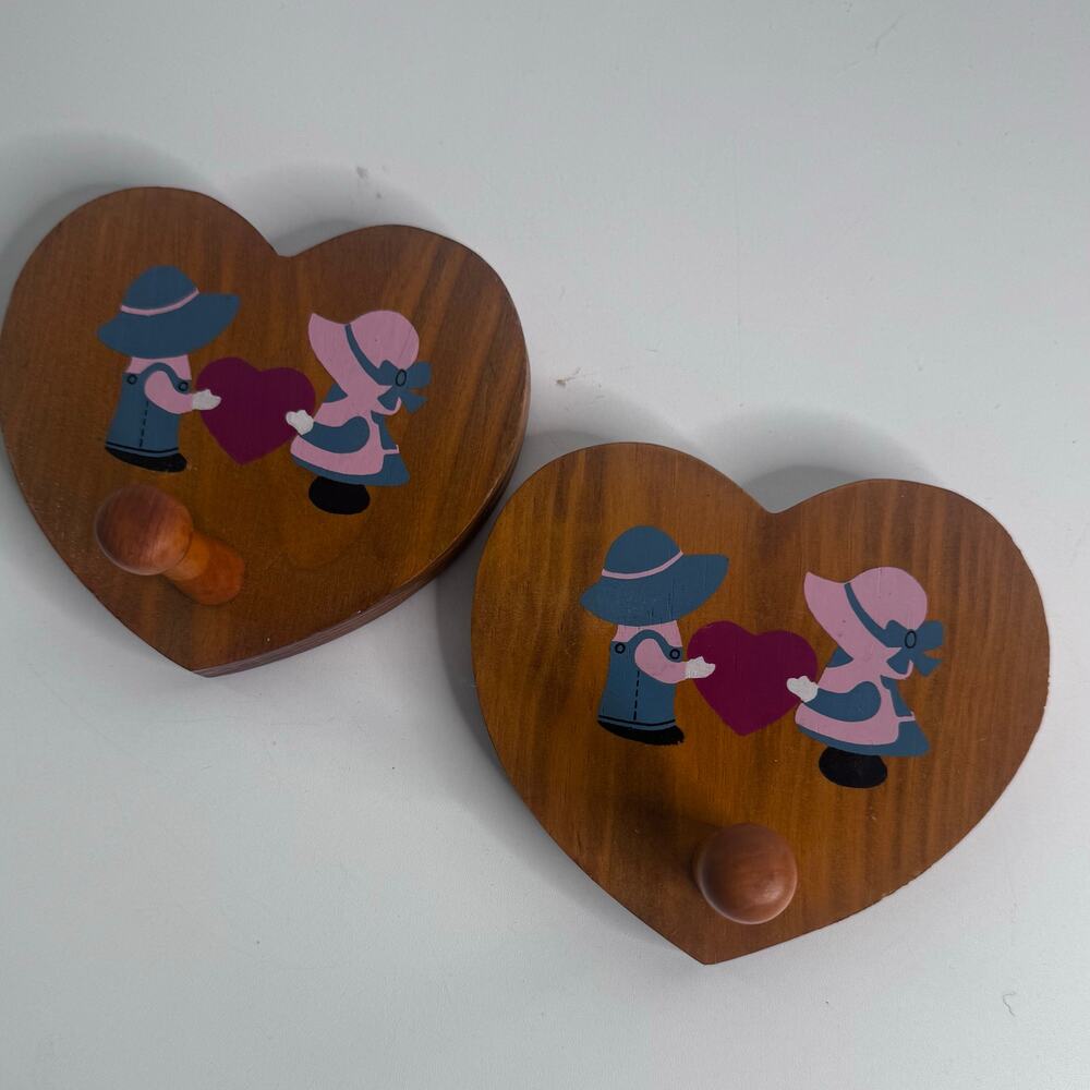Vintage Folk Art Primitive Wood Handpainted Children Wall Hanger Set of 2